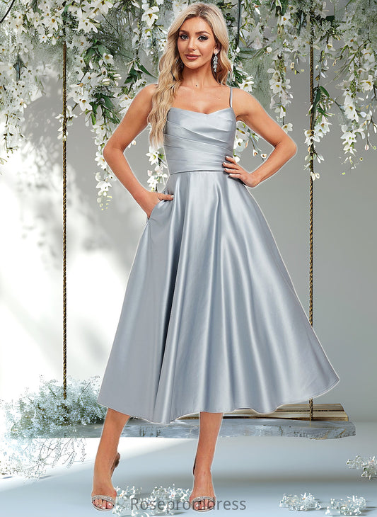 Marissa A-line V-Neck Tea-Length Satin Bridesmaid Dress DSP0025794