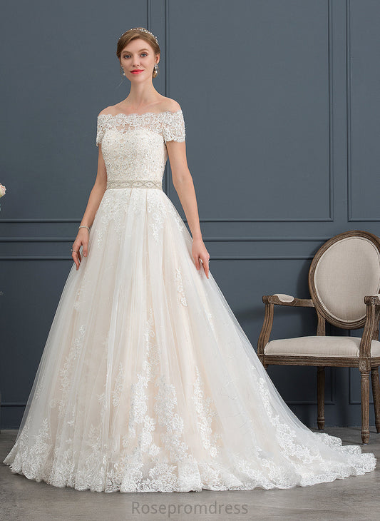 Ball-Gown/Princess Wedding Dresses Lace Dress Wedding With Sequins Tulle Court Beading Train Off-the-Shoulder Dominique