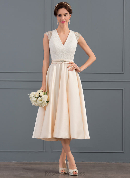 Adelyn Dress Tea-Length Sequins V-neck Wedding With Satin Wedding Dresses A-Line Beading