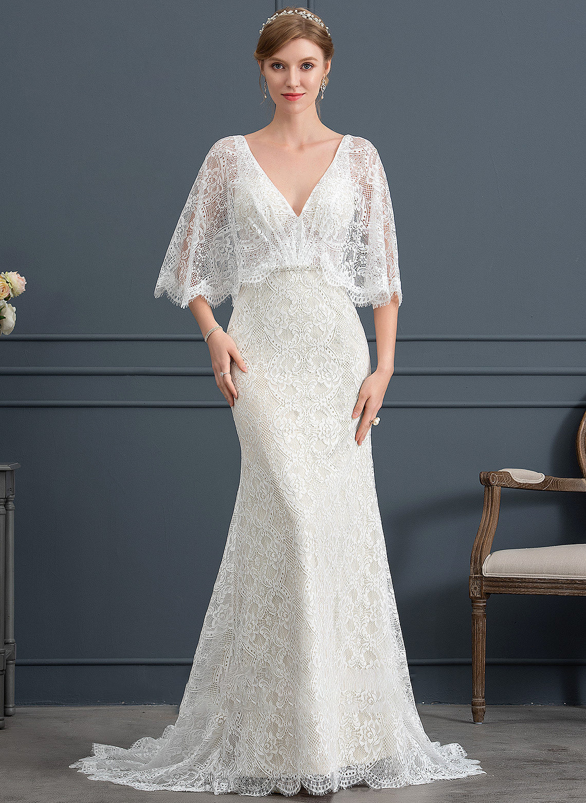 Sequins With Sweep Train Wedding Lace Wedding Dresses Dress Alexus V-neck Trumpet/Mermaid Beading