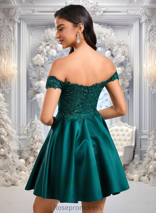 Lily A-line Off the Shoulder Short Lace Satin Homecoming Dress With Rhinestone DSP0025718