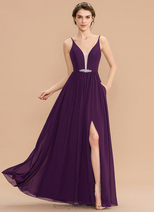 Silhouette Fabric Beading Floor-Length V-neck Length Sequins Pockets Neckline Embellishment A-Line SplitFront Bridesmaid Dresses