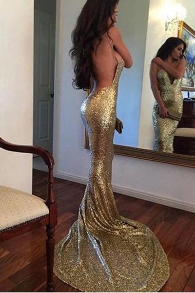 Sequin Mermaid Long Gold Sexy Deep V-Neck Spaghetti Strap Backless Sparkly Prom Dresses RS371