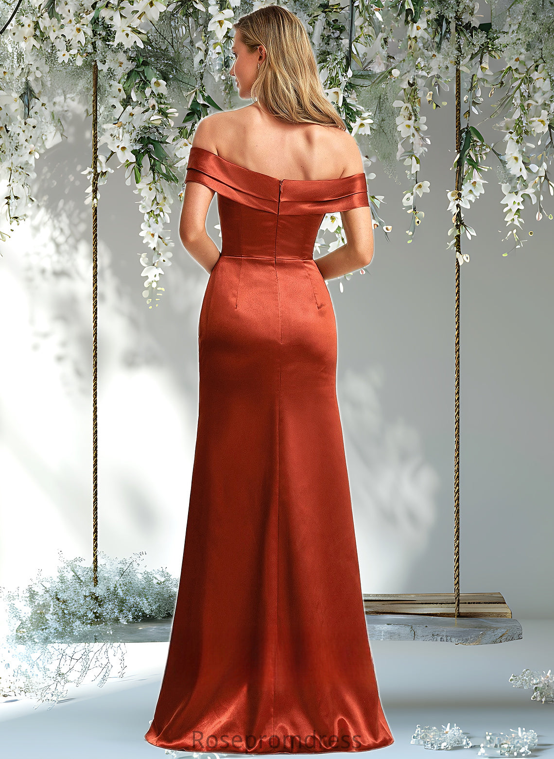 Amelia A-line Off the Shoulder Floor-Length Stretch Satin Bridesmaid Dress DSP0025757