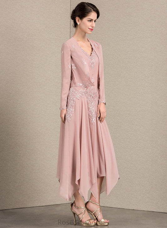 Mother of the Bride Dresses Bride Chiffon With Dress Sequins Carissa the V-neck A-Line Mother Appliques Lace Ankle-Length of