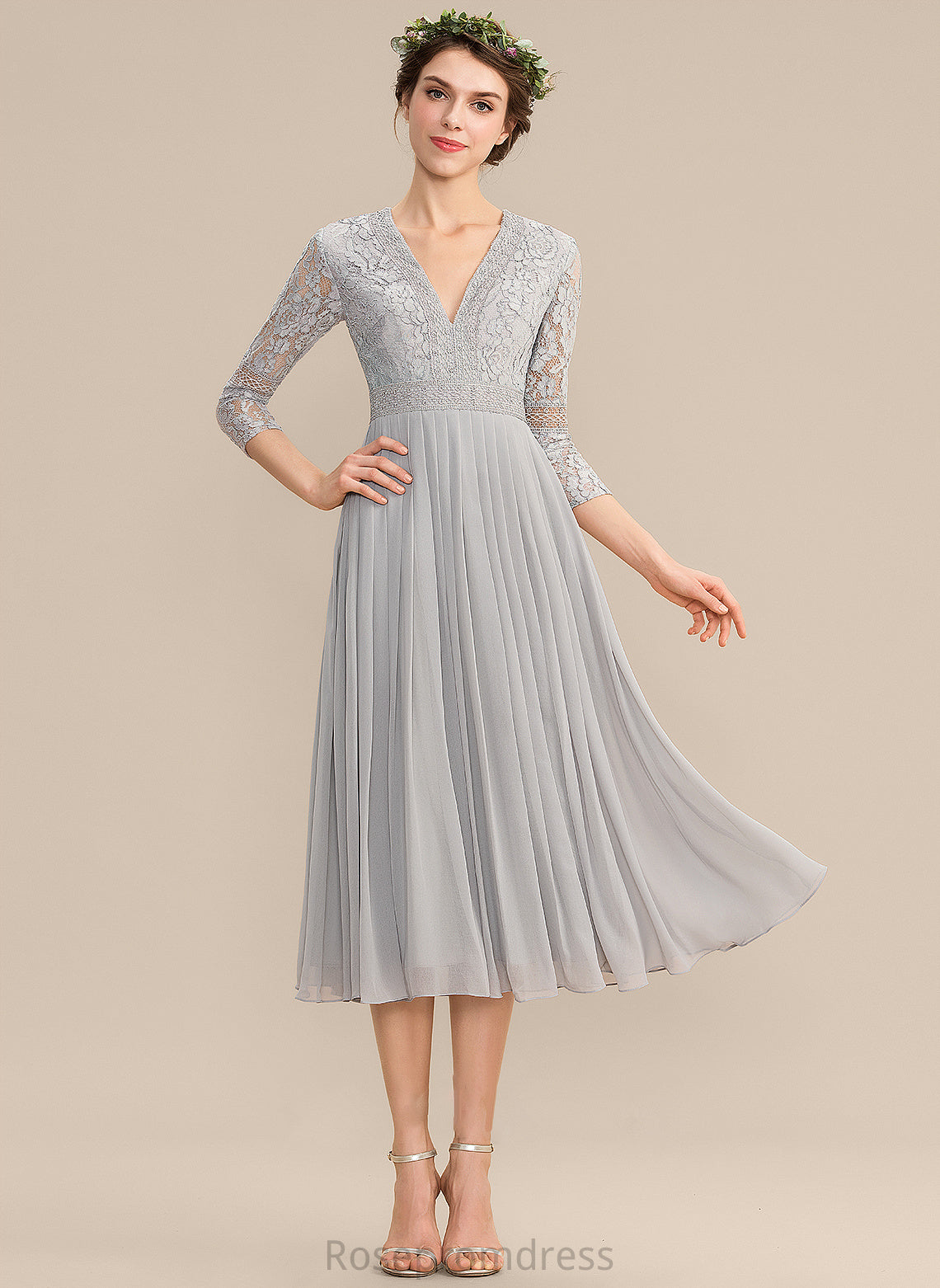 V-neck Embellishment Length Pleated Silhouette Tea-Length Neckline Fabric A-Line Elianna Bridesmaid Dresses