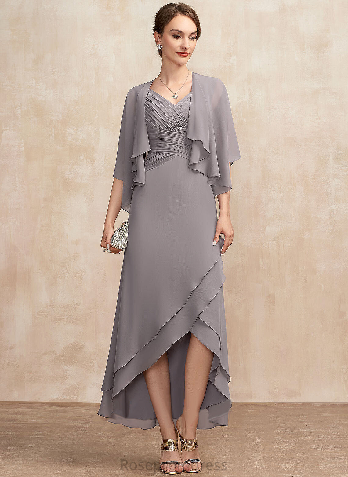 Marie Mother Ruffle A-Line of V-neck Mother of the Bride Dresses the Asymmetrical Bride Dress Chiffon With