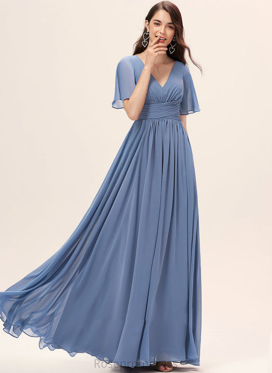 Ruffle Neckline Floor-Length A-Line Fabric Embellishment Silhouette V-neck Length Teresa Sleeveless V-Neck Bridesmaid Dresses