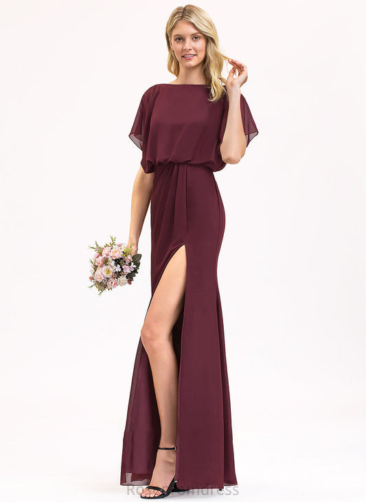 ScoopNeck Ruffle SplitFront Fabric Embellishment Neckline Length Sheath/Column Floor-Length Silhouette Kasey Bridesmaid Dresses