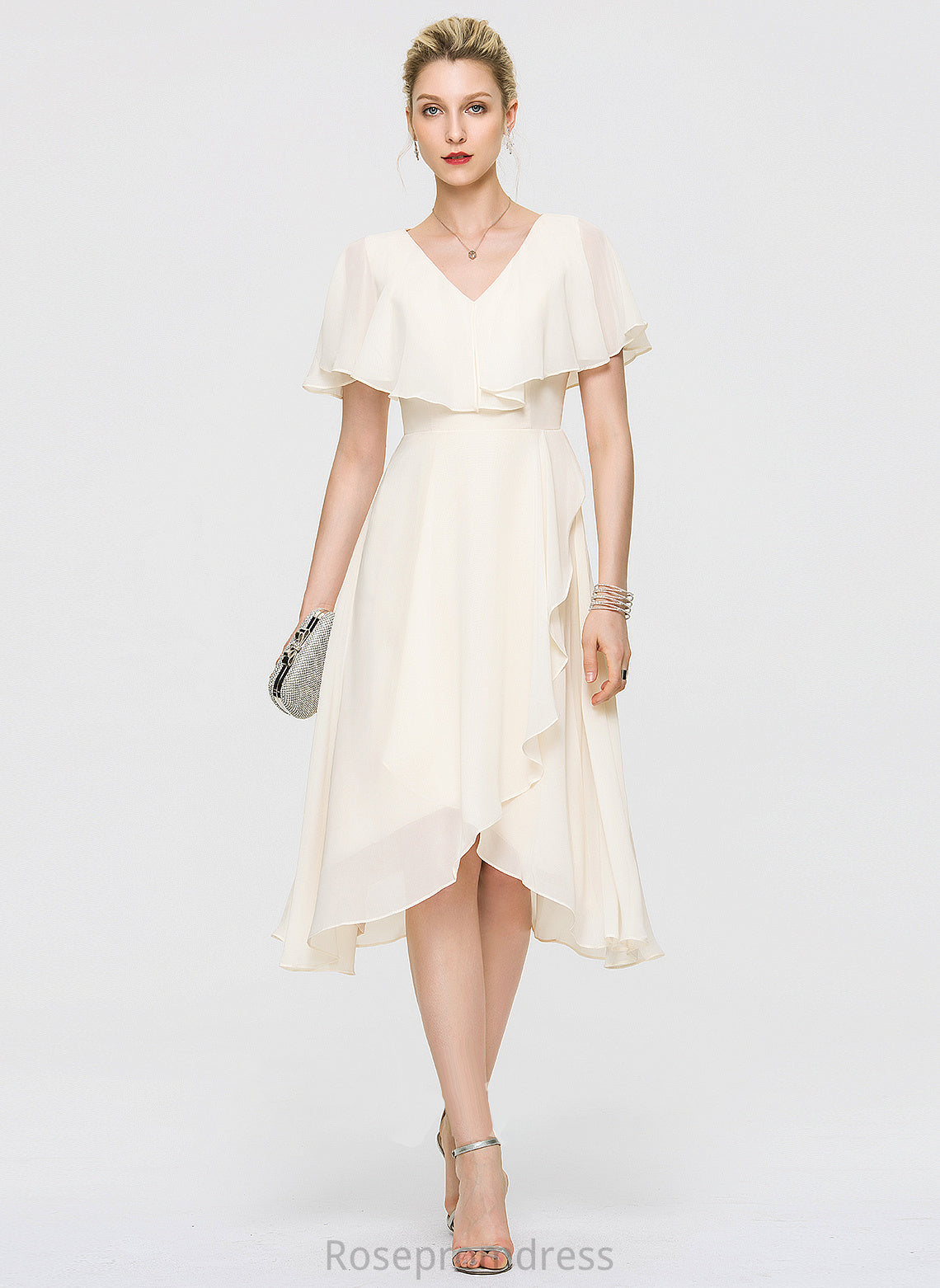 A-Line Ruffles Asymmetrical Wedding Dress Joyce Chiffon With Wedding Dresses Bow(s) Cascading V-neck