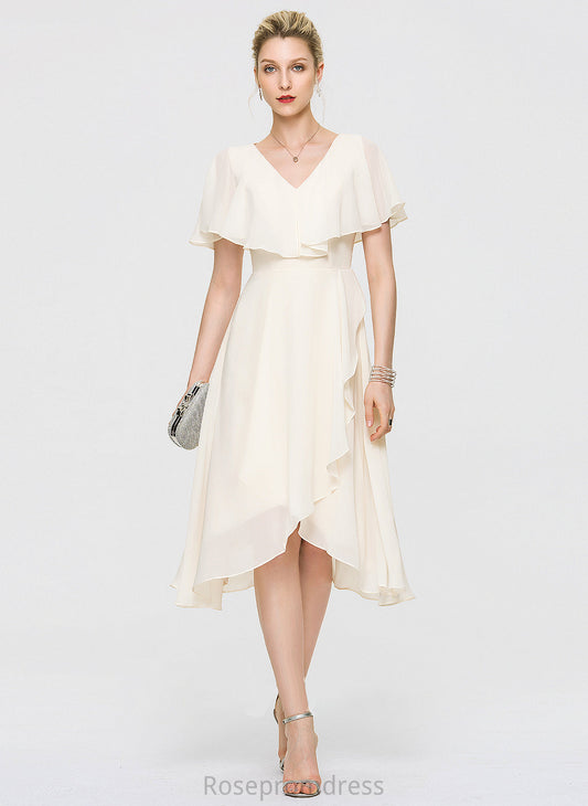 A-Line Ruffles Asymmetrical Wedding Dress Joyce Chiffon With Wedding Dresses Bow(s) Cascading V-neck
