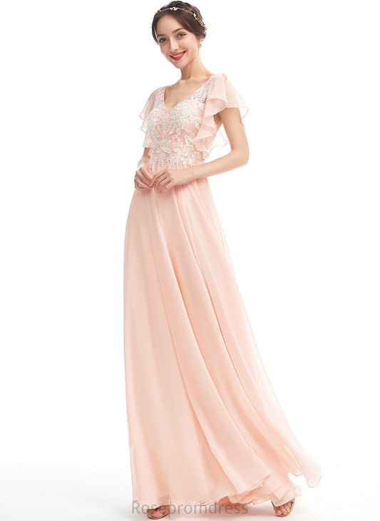 A-Line Embellishment Fabric Silhouette V-neck Floor-Length Ruffle Length Neckline Tessa A-Line/Princess Floor Length Bridesmaid Dresses