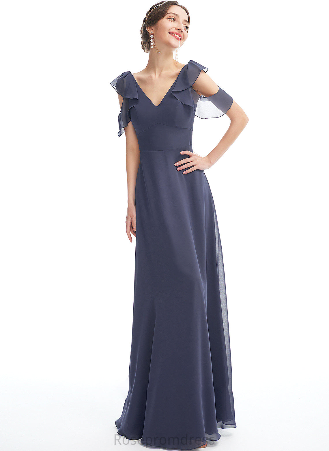 A-Line Fabric Silhouette V-neck Neckline Embellishment Ruffle Floor-Length Length Ariel Bridesmaid Dresses