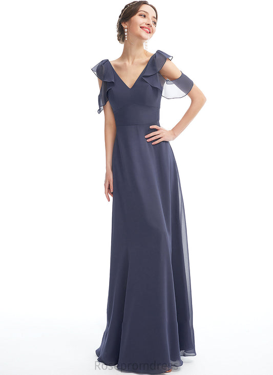 A-Line Fabric Silhouette V-neck Neckline Embellishment Ruffle Floor-Length Length Ariel Bridesmaid Dresses