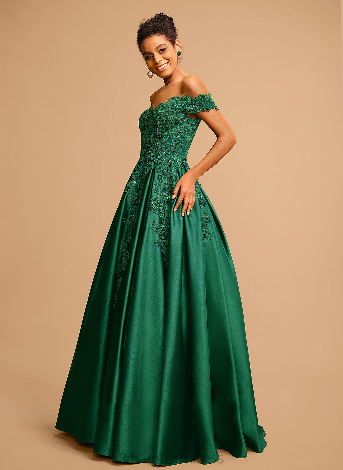 Satin Sequins Millicent Off-the-Shoulder Floor-Length Prom Dresses Ball-Gown/Princess With