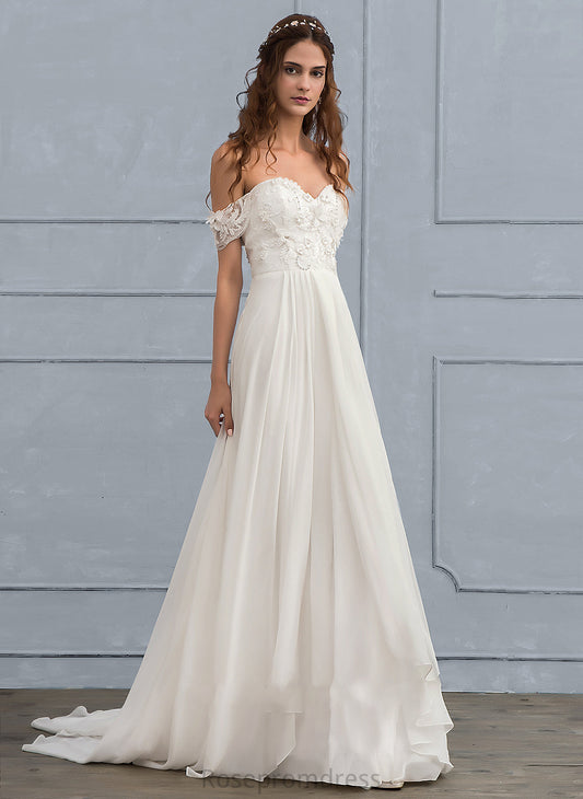 Lace Train Dress Juliette With A-Line Wedding Wedding Dresses Sweep Chiffon Flower(s) Beading