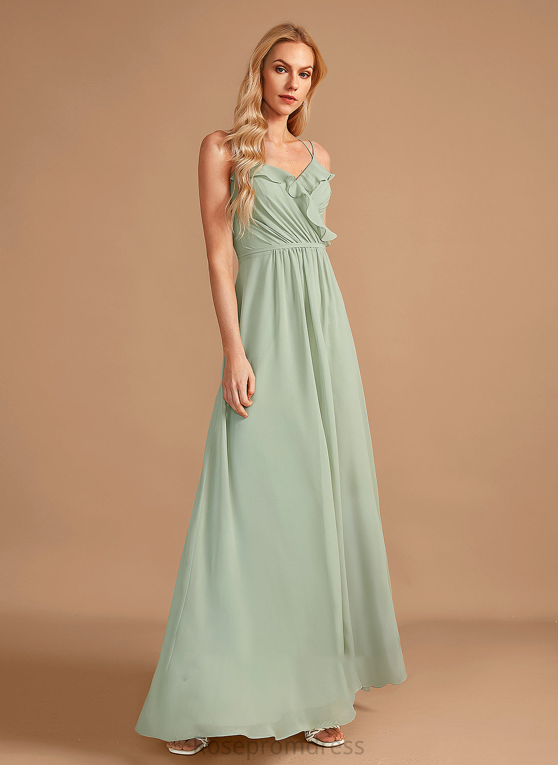 Silhouette Floor-Length Fabric Ruffle Neckline V-neck Embellishment Length A-Line Lizbeth V-Neck A-Line/Princess Bridesmaid Dresses