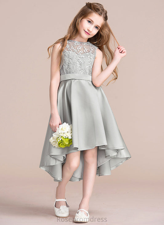 Junior Bridesmaid Dresses Neck Scoop Satin Asymmetrical Angelina A-Line