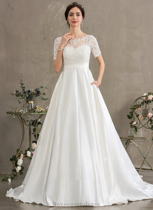 Sequins Court Train Satin Ball-Gown/Princess Pockets Wedding Neck Dress Wedding Dresses Beading Scoop With Isla