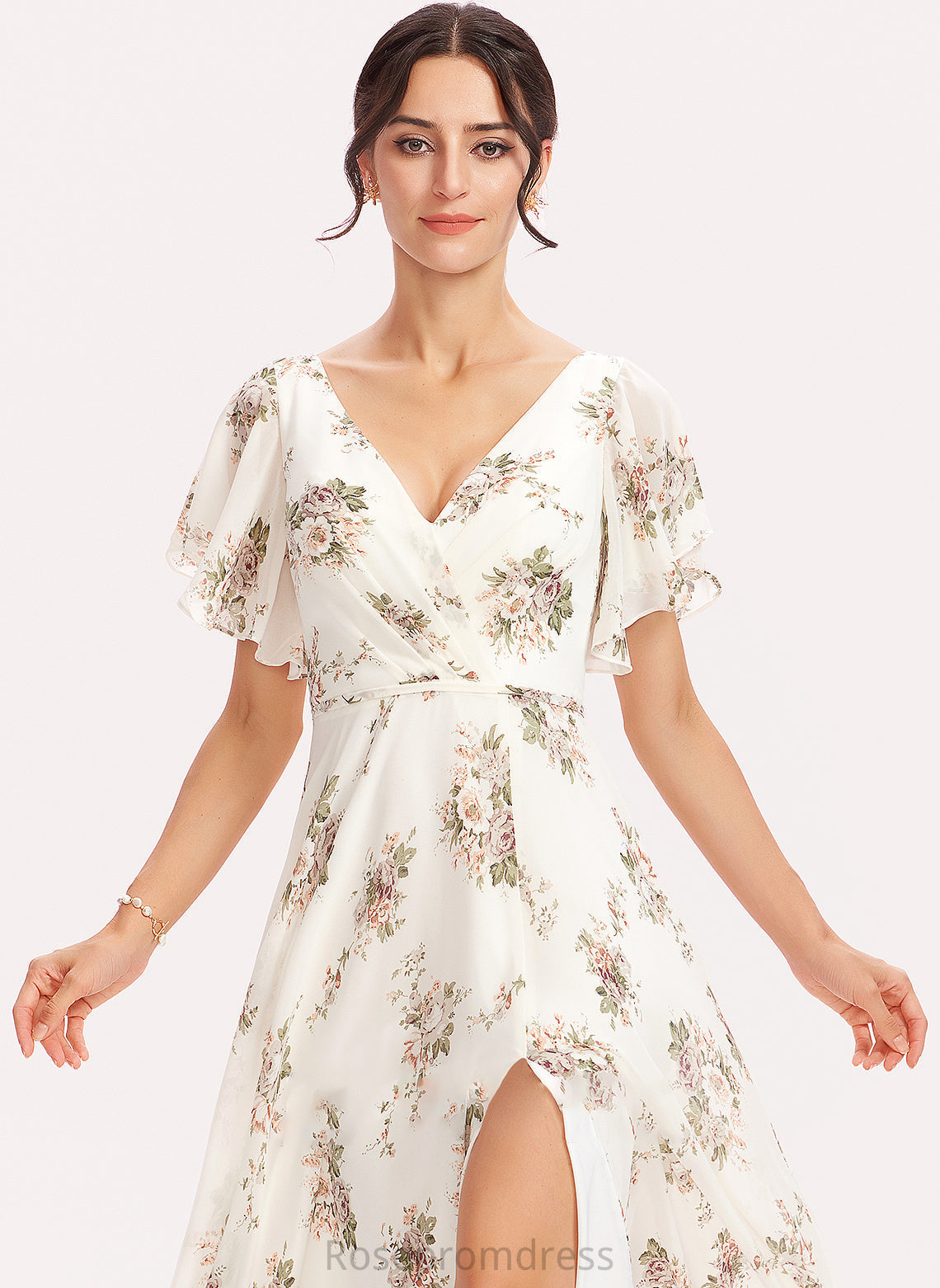 Flower(s) Floor-Length Neckline Length Embellishment A-Line Fabric SplitFront Silhouette V-neck Rylee Natural Waist Bridesmaid Dresses