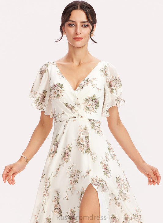 Flower(s) Floor-Length Neckline Length Embellishment A-Line Fabric SplitFront Silhouette V-neck Rylee Natural Waist Bridesmaid Dresses