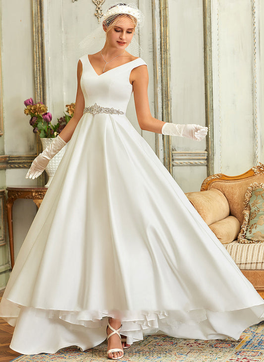 Pockets V-neck Dayana With Satin Asymmetrical Dress Wedding Wedding Dresses Ball-Gown/Princess