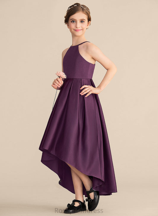 Pamela A-Line Neck Scoop Satin Ruffle Junior Bridesmaid Dresses Asymmetrical With