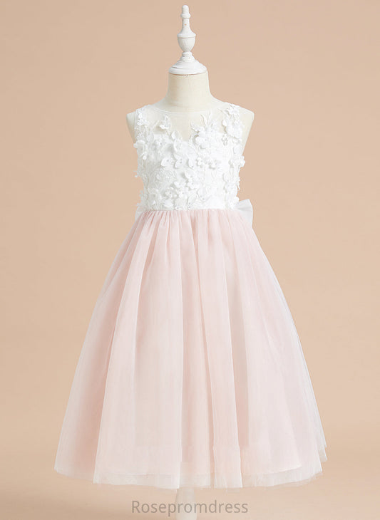 Scoop Tulle Lace/Flower(s)/Bow(s) A-Line Hallie Flower Girl Dresses Neck - Flower Girl With Tea-length Sleeveless Dress