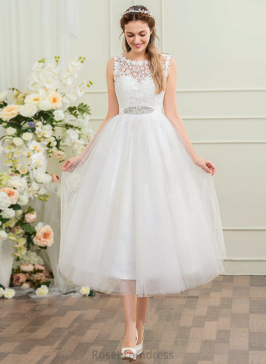 Beading Tea-Length Ball-Gown/Princess Neck Sequins Scoop Wedding Tulle Dress Wedding Dresses Amanda With
