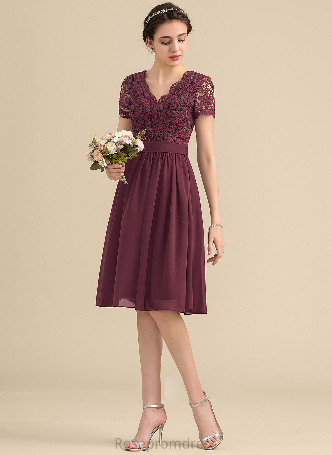 A-Line Neckline Lace Straps Length V-neck Silhouette Fabric Knee-Length Pauline Natural Waist Sleeveless Bridesmaid Dresses