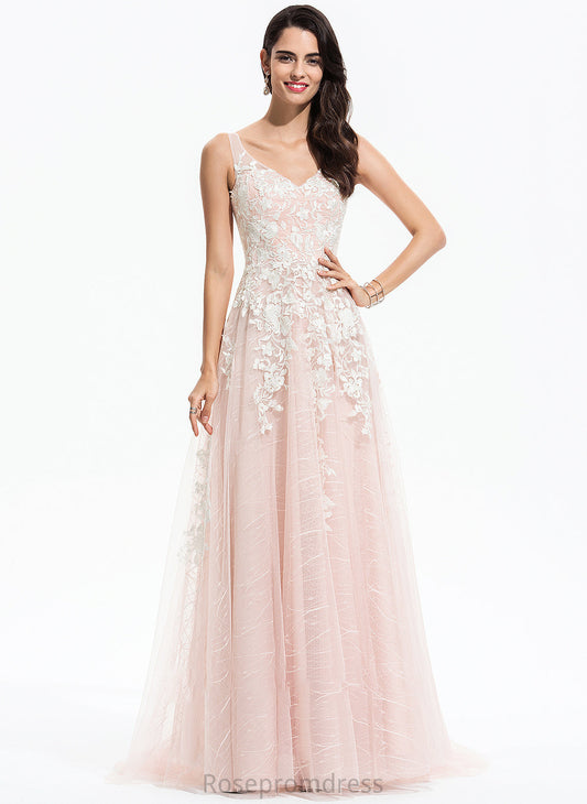 Ivy A-Line Wedding Dresses V-neck With Dress Train Sweep Wedding Tulle Lace