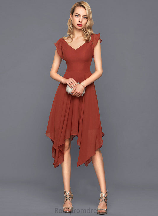 Ruffles V-neck Eliza With Cocktail Asymmetrical Cascading Cocktail Dresses Dress Chiffon A-Line