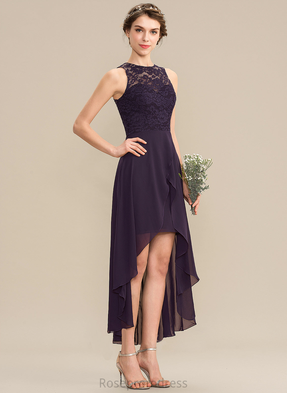 Silhouette Lace Asymmetrical ScoopNeck Neckline A-Line Length Straps Fabric Lena Bridesmaid Dresses