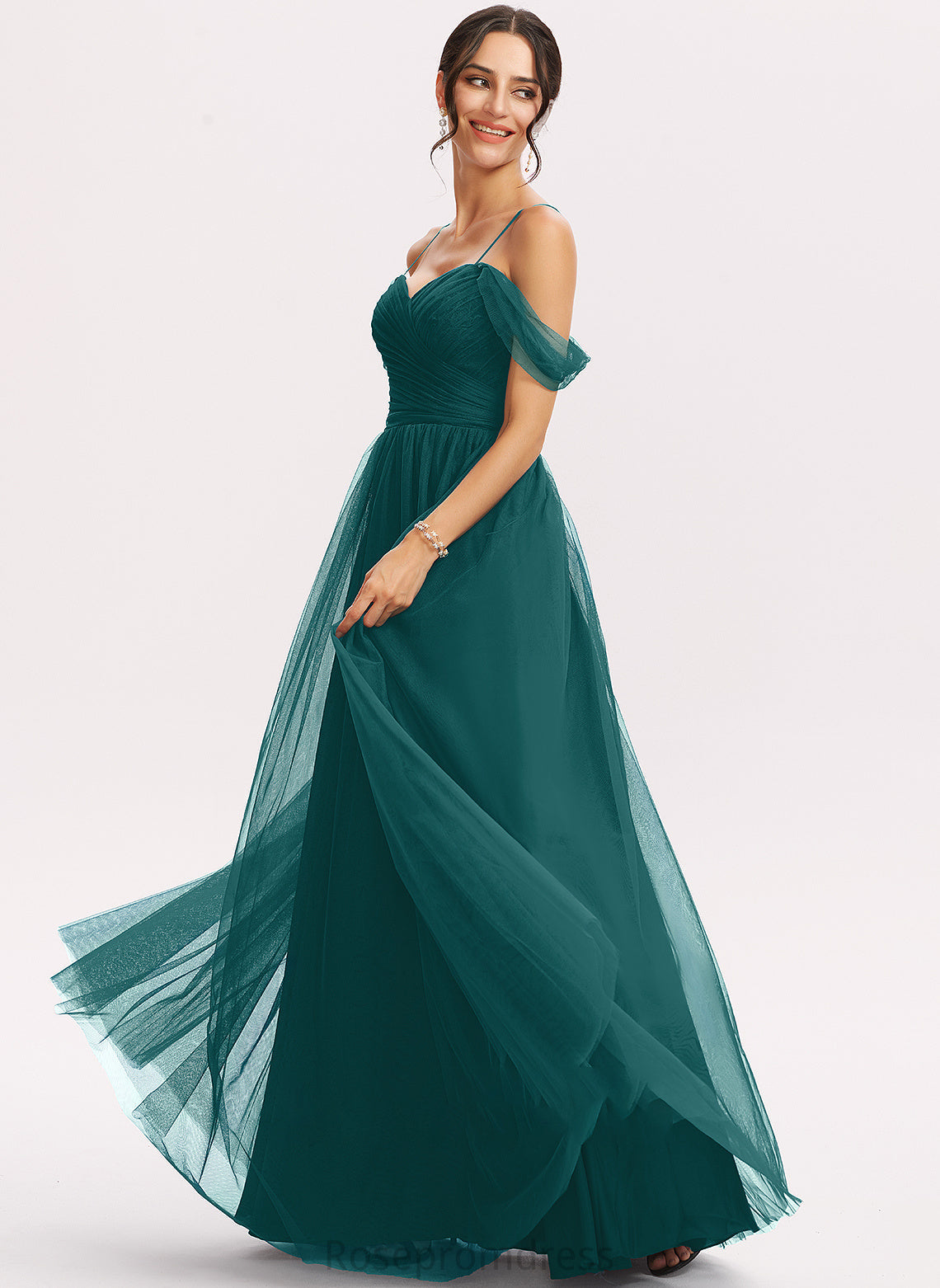 Floor-Length Embellishment V-neck Ruffle Silhouette Neckline A-Line Fabric Length Cecelia Spaghetti Staps Natural Waist Bridesmaid Dresses