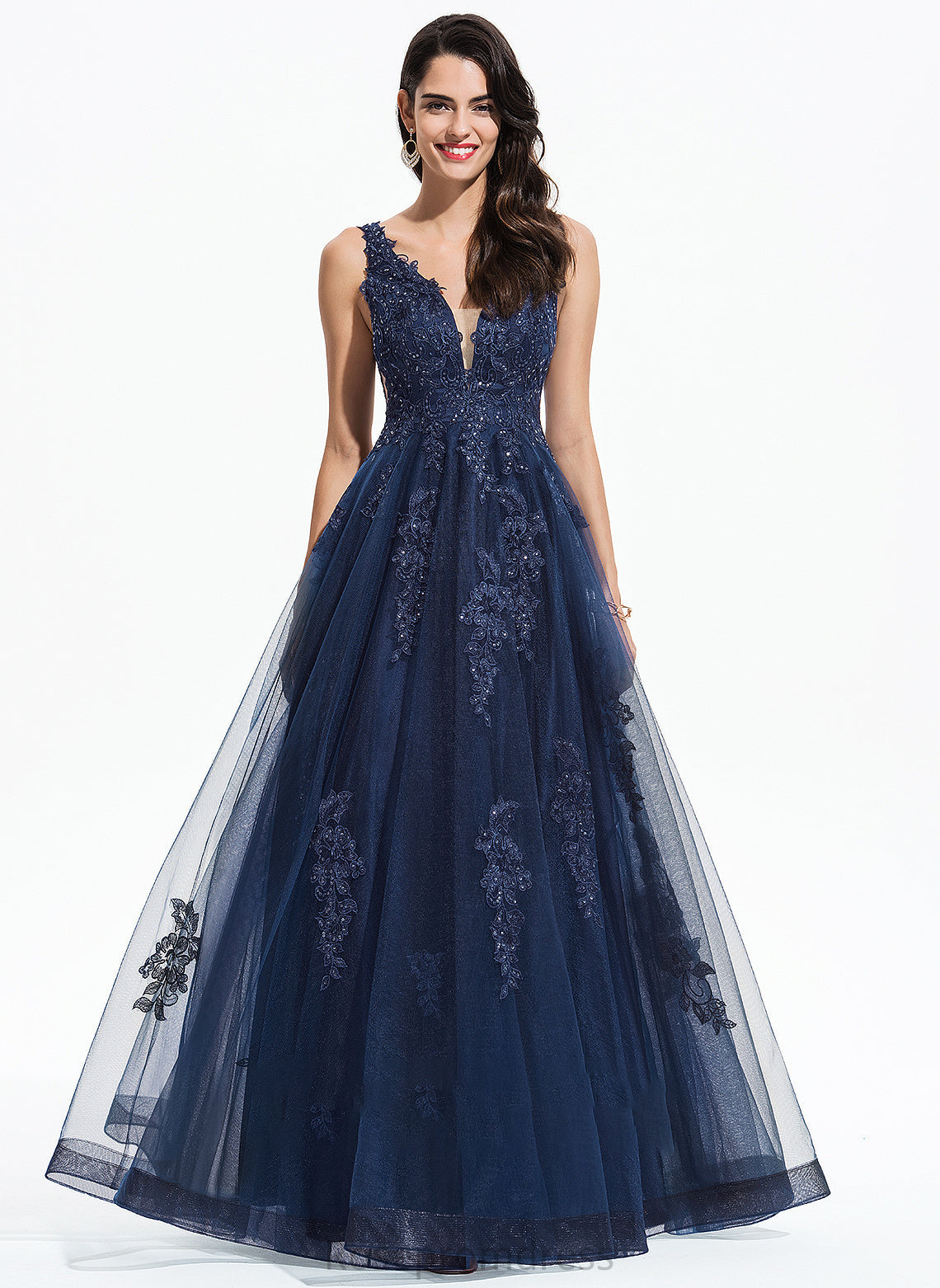 Prom Dresses Tulle Floor-Length Arianna A-Line Sequins With V-neck Lace