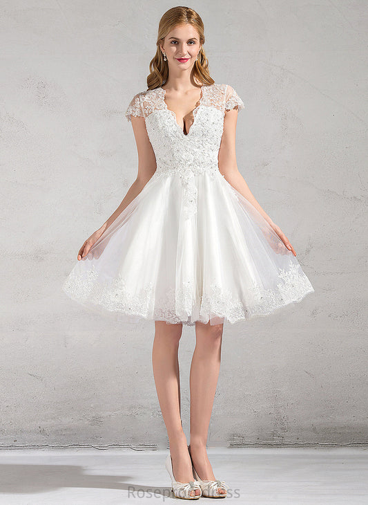 Appliques Wedding Dress Lace Knee-Length Selah Lace Sequins With Wedding Dresses A-Line V-neck Tulle Beading
