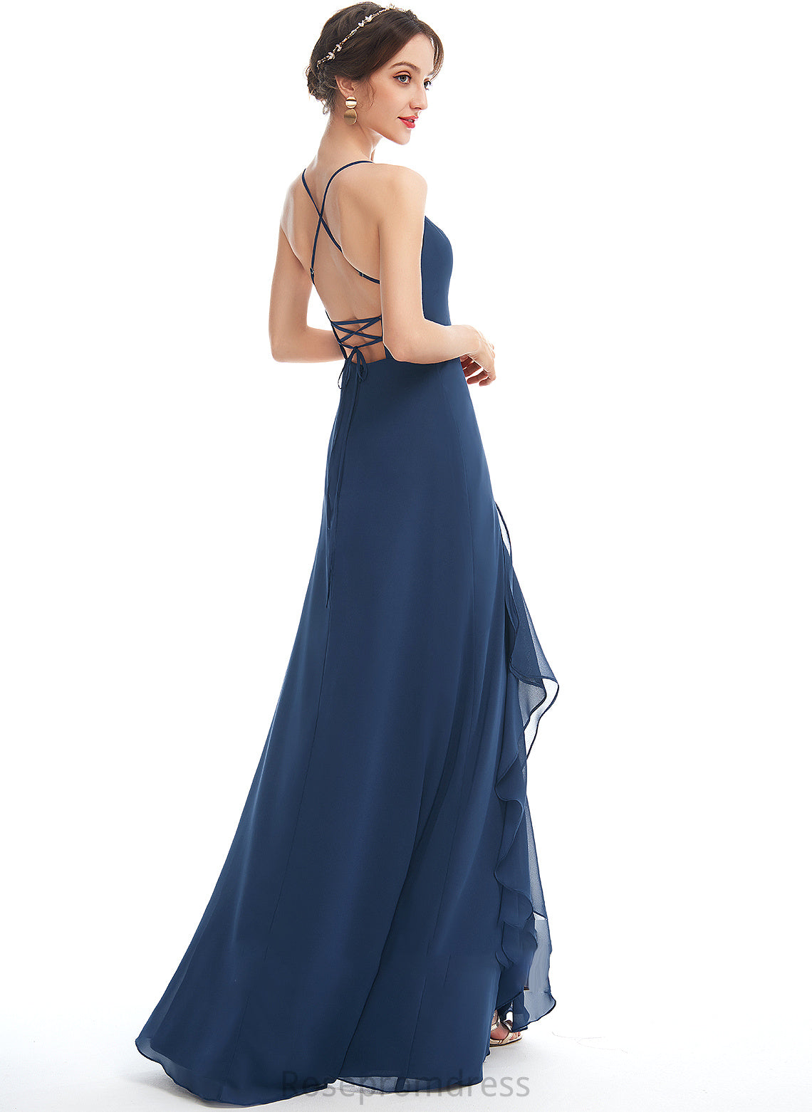Fabric Silhouette A-Line V-neck SplitFront Length Neckline Ruffle Embellishment Floor-Length Lilianna Sleeveless Bridesmaid Dresses