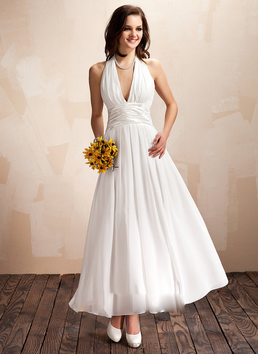 Ankle-Length Halter Chiffon Dress Wedding Dresses A-Line Wedding With Bow(s) Novia Ruffle