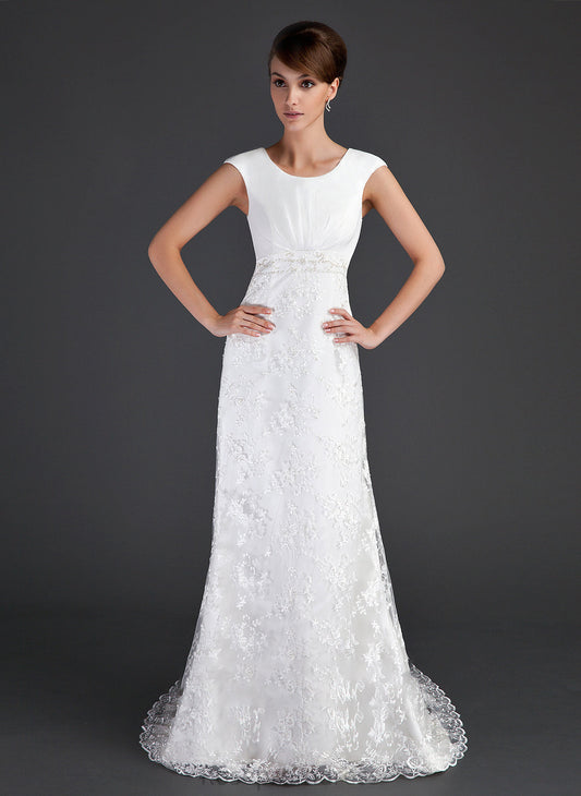 Ruffle Dress Sheath/Column Neck Court Beading Brenna Wedding Dresses Train Wedding With Lace Scoop