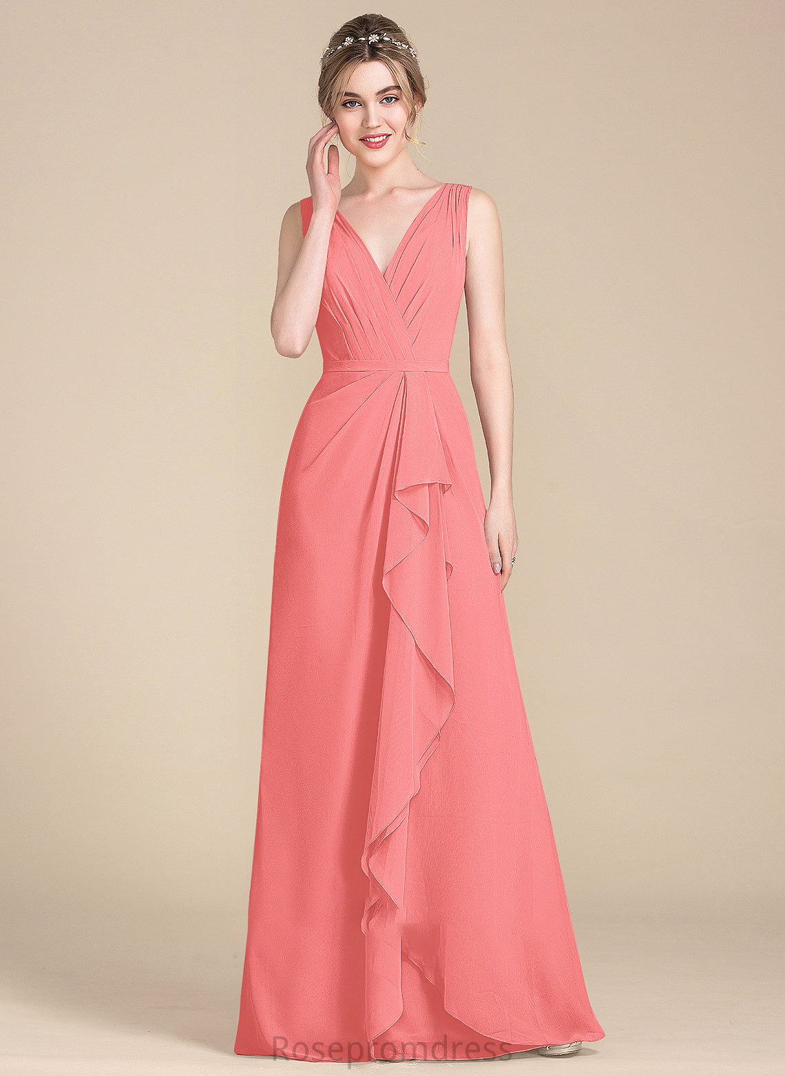 Floor-Length Neckline Embellishment V-neck Silhouette Length Fabric CascadingRuffles A-Line Chloe Natural Waist A-Line/Princess Bridesmaid Dresses