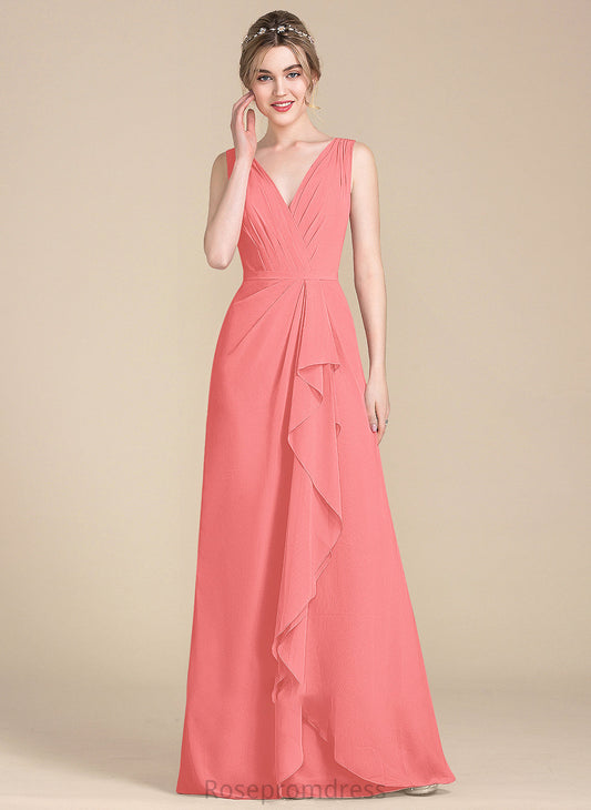 Floor-Length Neckline Embellishment V-neck Silhouette Length Fabric CascadingRuffles A-Line Chloe Natural Waist A-Line/Princess Bridesmaid Dresses
