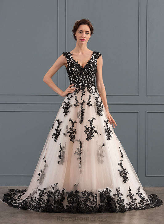 Dress Wedding Tulle With Myla Wedding Dresses Lace V-neck Appliques Ball-Gown/Princess Court Train