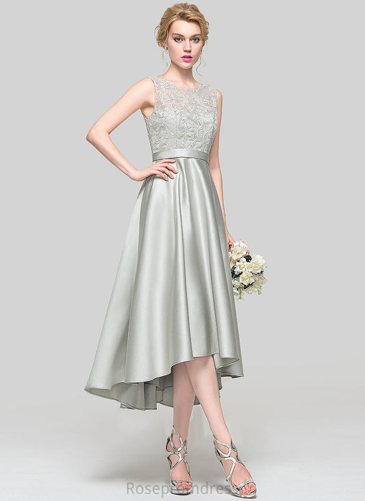 Silhouette Length Neckline Straps Lace Fabric A-Line ScoopNeck Asymmetrical Satin Abbie Natural Waist Bridesmaid Dresses