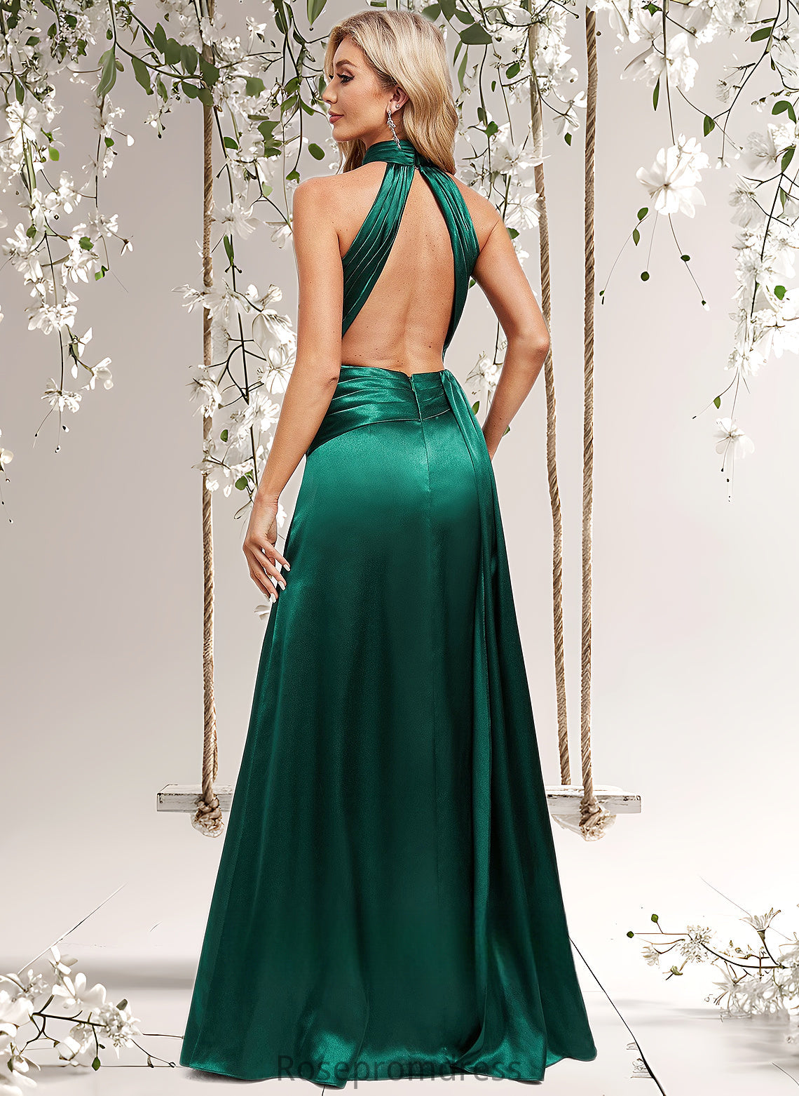 Meg A-line Halter Floor-Length Stretch Satin Bridesmaid Dress With Ruffle DSP0025817