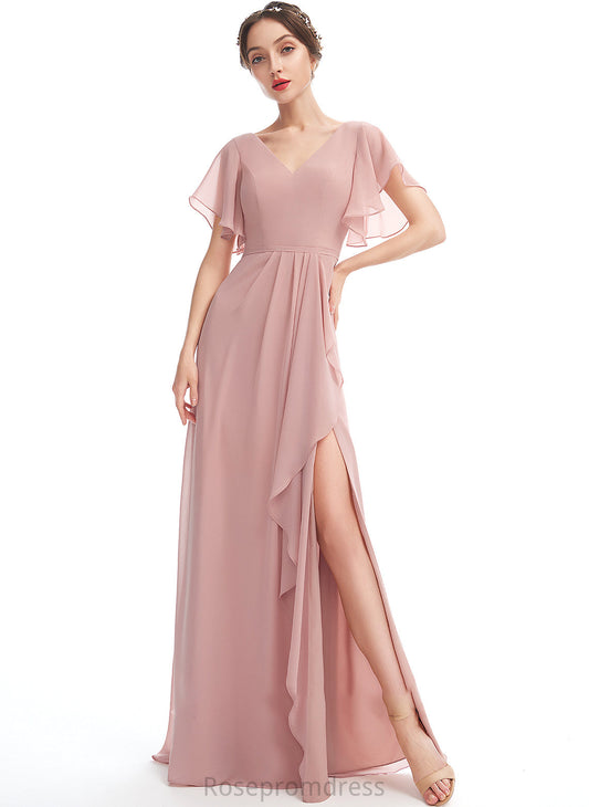 A-Line V-neck Embellishment Floor-Length Neckline SplitFront Silhouette Fabric Ruffle Length Alexandria Natural Waist Bridesmaid Dresses