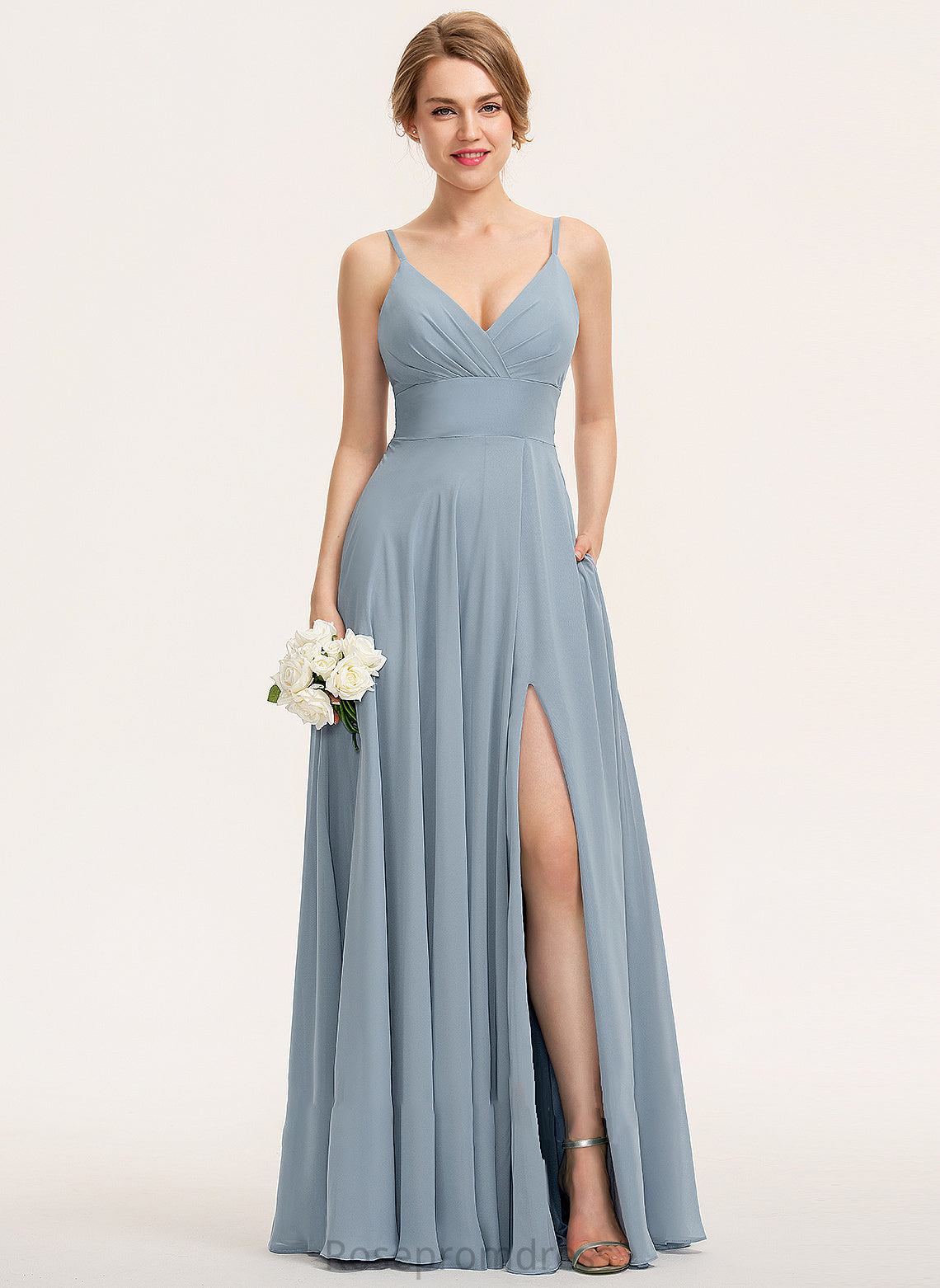 Silhouette Neckline Ruffle Pockets Floor-Length V-neck A-Line Fabric Embellishment Length Alisa Sleeveless Bridesmaid Dresses