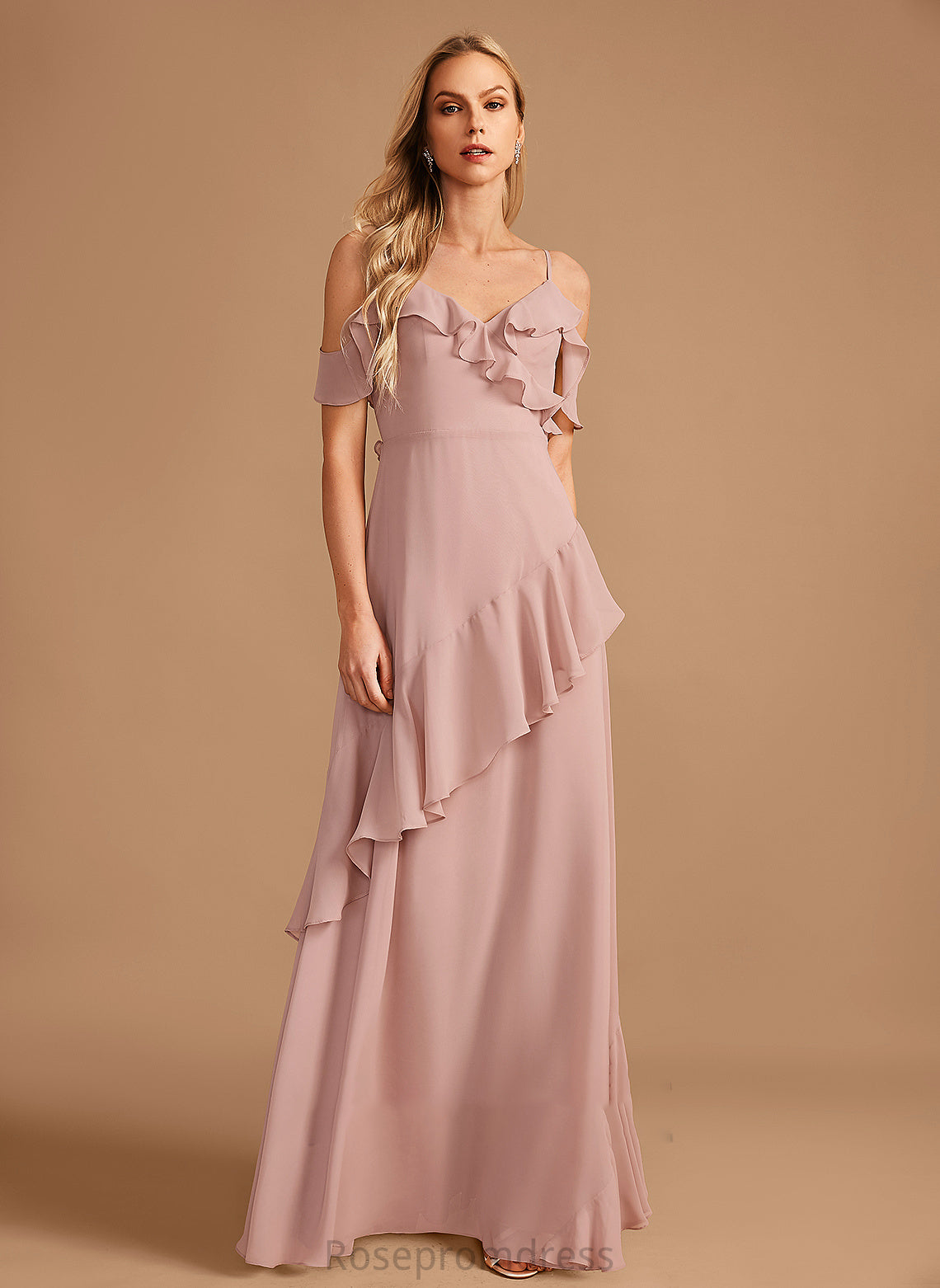 Floor-Length Embellishment V-neck A-Line Length Ruffle Fabric Silhouette Neckline Estrella Bridesmaid Dresses