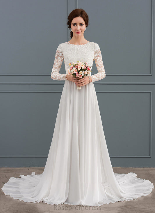 Beading Neck Train Chiffon Scoop Wedding Dresses With A-Line Dress Court Wedding Yoselin