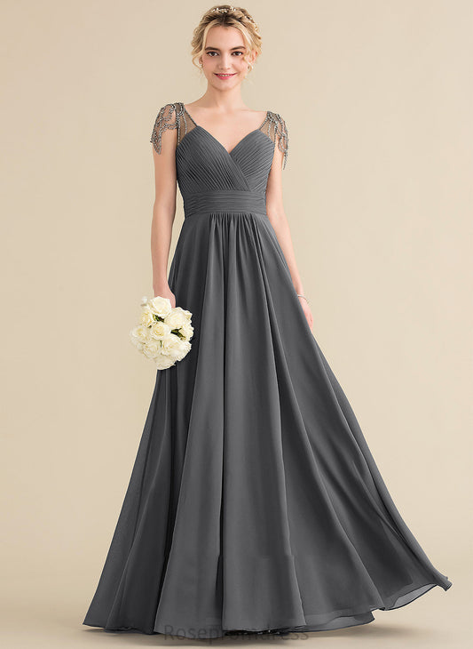 Beading Fabric Embellishment Neckline Silhouette Ruffle Floor-Length Sequins A-Line V-neck Length Aliya Bridesmaid Dresses