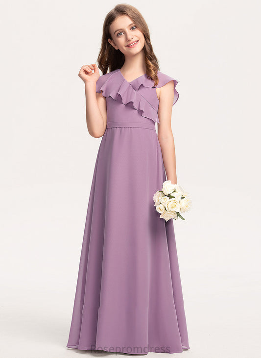 With Junior Bridesmaid Dresses A-Line Ruffles Floor-Length Bow(s) Cascading Chiffon Cloe V-neck